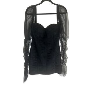 Donnée Par Dieu Women's Sheer Sleeve Ruched Mini Dress Black Elegant Partywear M